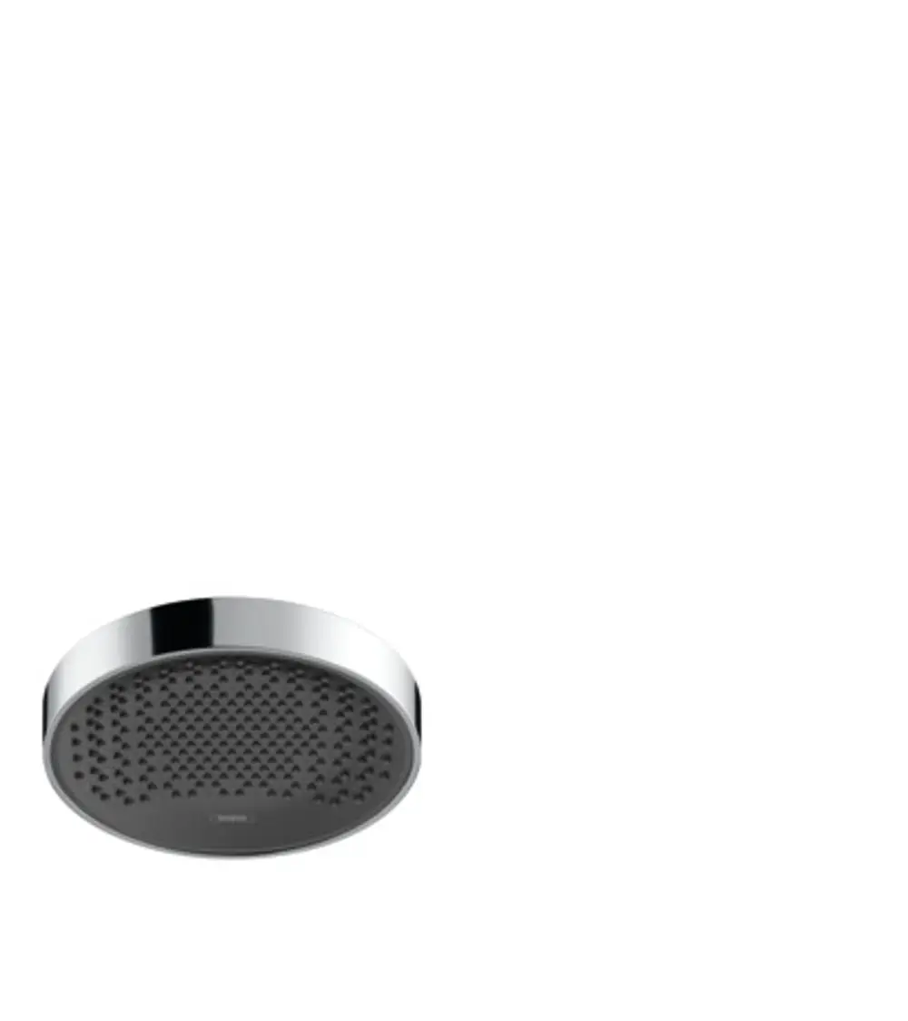 Runde, flache Kopfbrause in Chrom von Hansgrohe mit konischer Form und kleinen Wasseröffnungen für einen gleichmäßigen Wasserfluss.